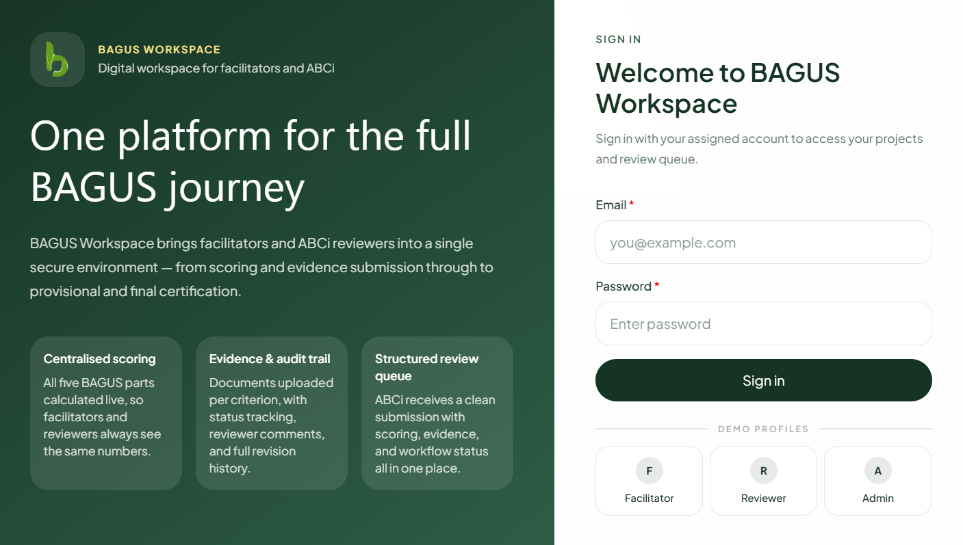 BAGUS Workspace sign-in screen — one platform for the full BAGUS journey, for facilitators and reviewers